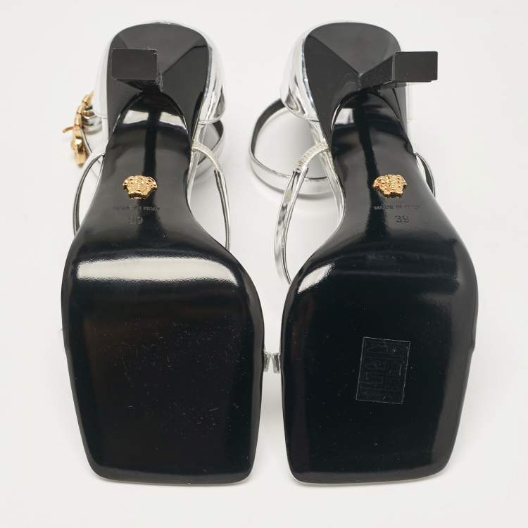 Pre Owned Versace Silver Leather Safety Pin Ankle Strap Sandals Size 39