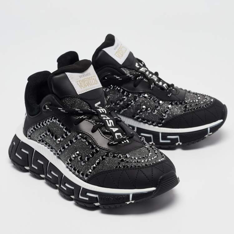 Pre Owned Versace Black Leather Trigreca Lace Up Sneakers Size 35
