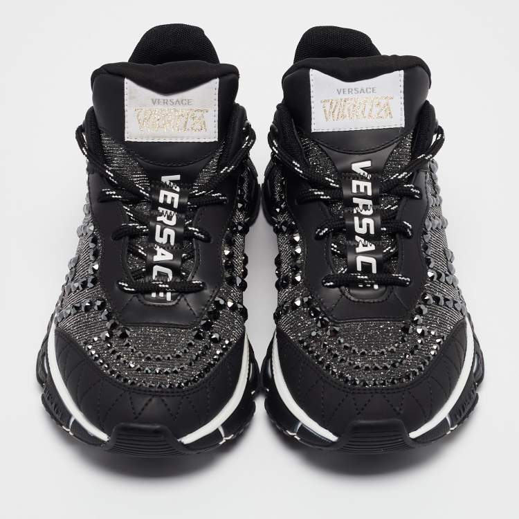 Pre Owned Versace Black Leather Trigreca Lace Up Sneakers Size 35