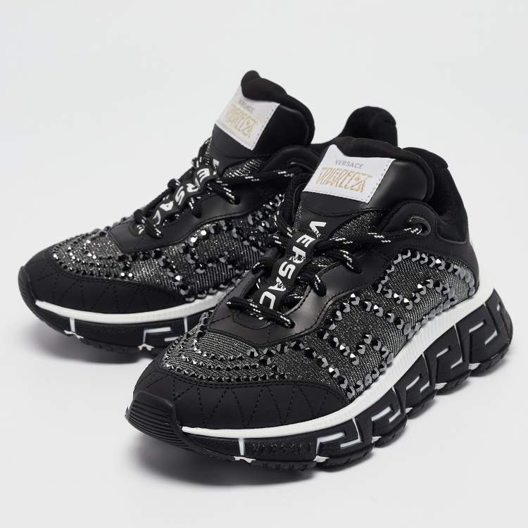 Pre Owned Versace Black Leather Trigreca Lace Up Sneakers Size 35