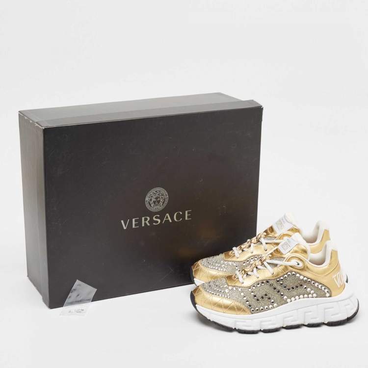 Pre Owned Versace Gold/Silver Leather and Lurex Fabric Trigreca Sneakers Size 36
