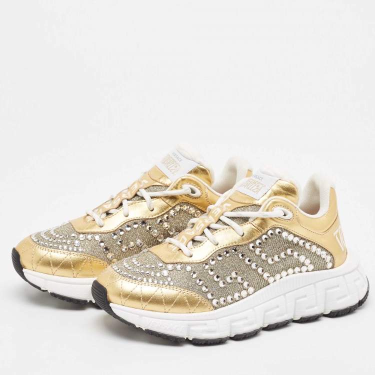 Pre Owned Versace Gold/Silver Leather and Lurex Fabric Trigreca Sneakers Size 36