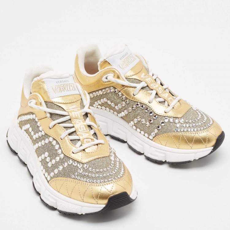 Pre Owned Versace Gold/Silver Leather and Lurex Fabric Trigreca Sneakers Size 36