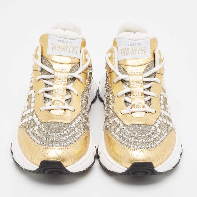 Pre Owned Versace Gold/Silver Leather and Lurex Fabric Trigreca Sneakers Size 36
