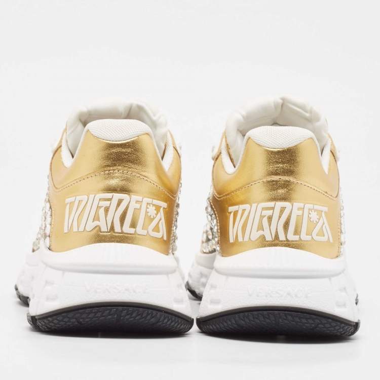 Pre Owned Versace Gold/Silver Leather and Lurex Fabric Trigreca Sneakers Size 36