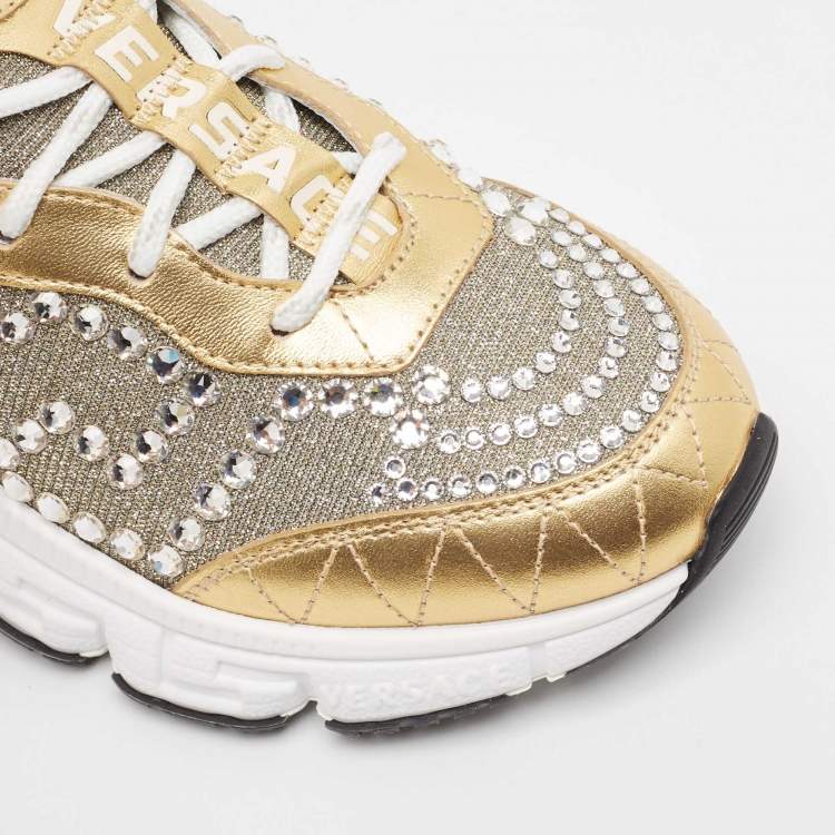 Pre Owned Versace Gold/Silver Leather and Lurex Fabric Trigreca Sneakers Size 36