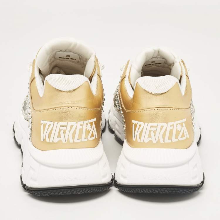 Pre Owned Versace Gold Glitter and Leather Trigreca Lace Up Sneakers Size 39