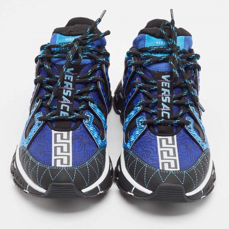 Pre Owned Versace Blue/Black Leather and Fabric Trigreca Sneakers Size 40.5