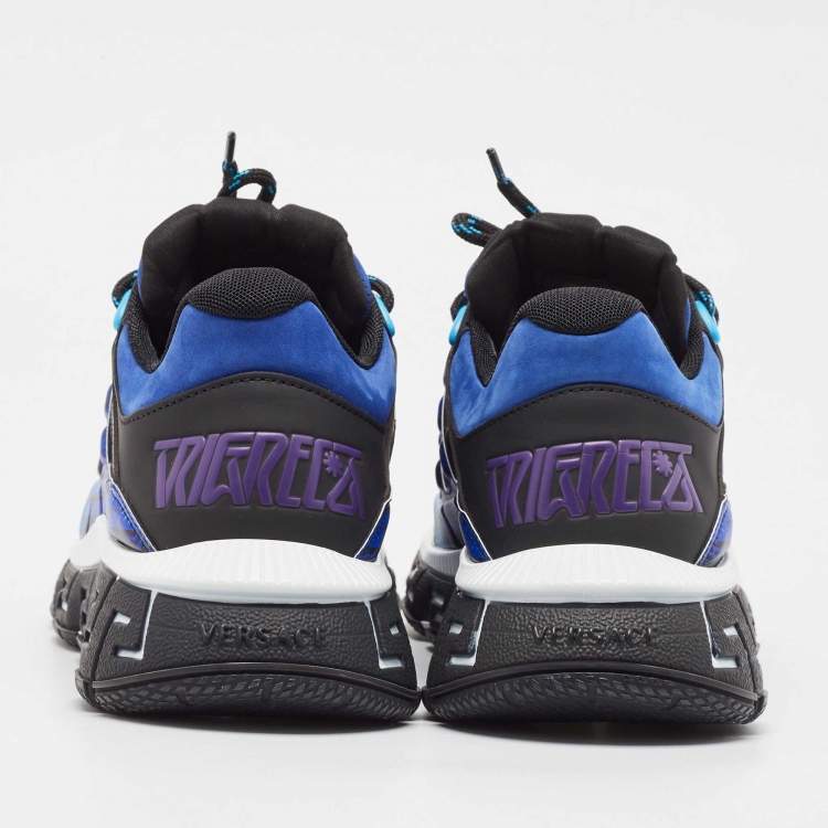 Pre Owned Versace Blue/Black Leather and Fabric Trigreca Sneakers Size 40.5