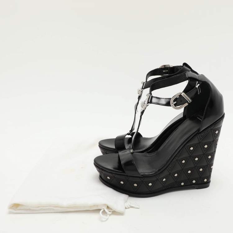 Pre Owned Versace Black Leather Medusa Embellished Platform Wedge Sandals Size 40