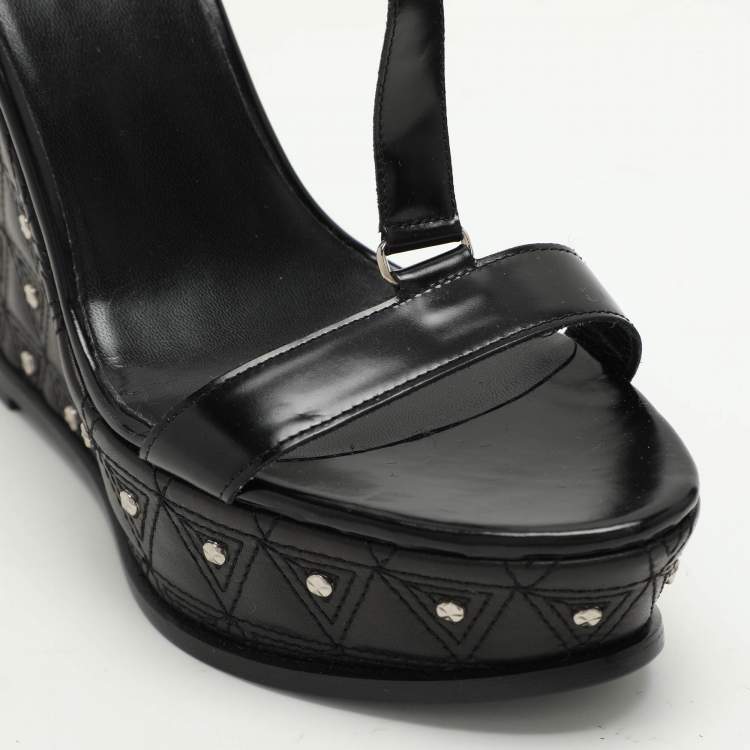 Pre Owned Versace Black Leather Medusa Embellished Platform Wedge Sandals Size 40