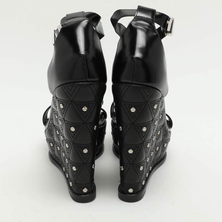 Pre Owned Versace Black Leather Medusa Embellished Platform Wedge Sandals Size 40