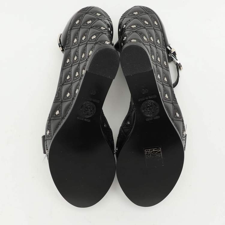 Pre Owned Versace Black Leather Medusa Embellished Platform Wedge Sandals Size 40