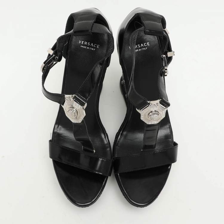 Pre Owned Versace Black Leather Medusa Embellished Platform Wedge Sandals Size 40