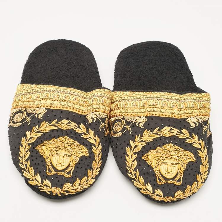 Pre Owned Versace Black/Yellow Fabric Crystal Embellished I Love Baroque Print Mules Size S
