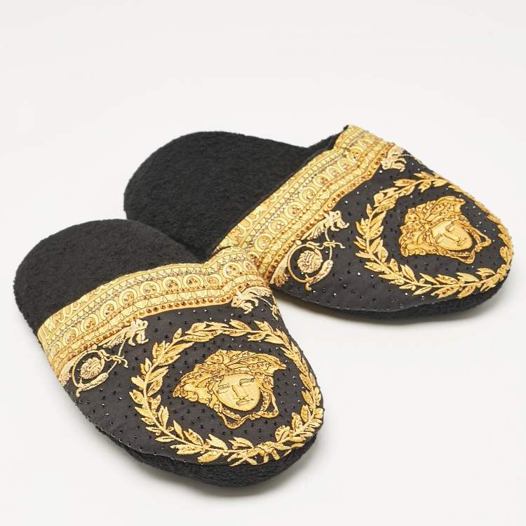 Pre Owned Versace Black/Yellow Fabric Crystal Embellished I Love Baroque Print Mules Size S