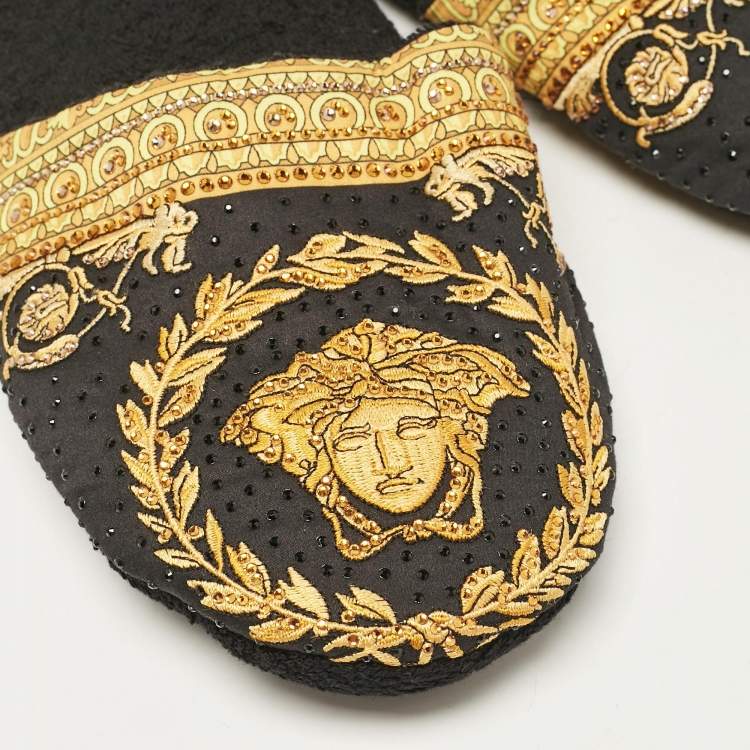 Pre Owned Versace Black/Yellow Fabric Crystal Embellished I Love Baroque Print Mules Size S
