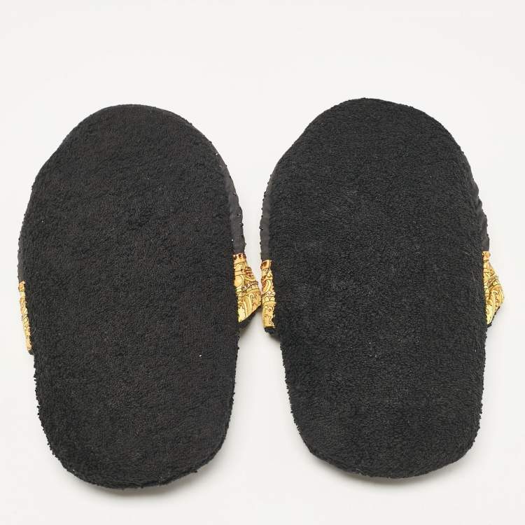 Pre Owned Versace Black/Yellow Fabric Crystal Embellished I Love Baroque Print Mules Size S