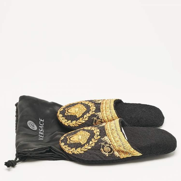 Pre Owned Versace Black/Yellow Fabric Crystal Embellished I Love Baroque Print Mules Size S