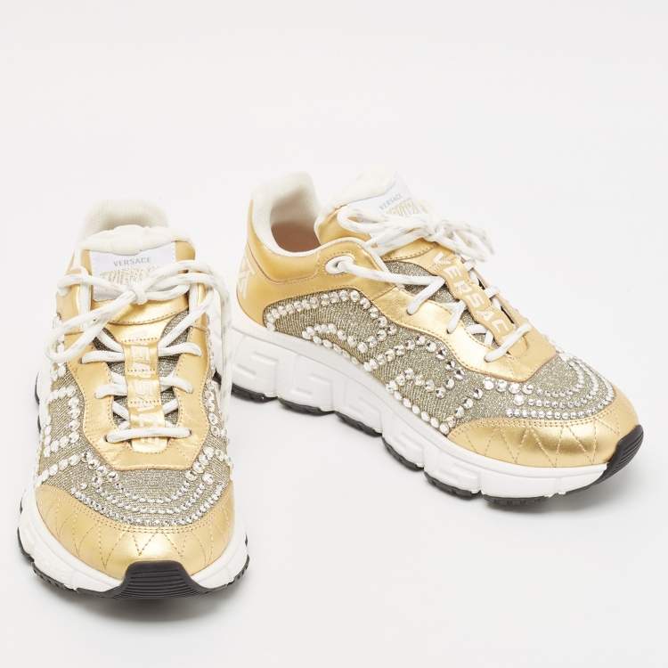 Pre Owned Versace Gold/Silver Leather and Lurex Fabric Trigreca Sneakers Size 38