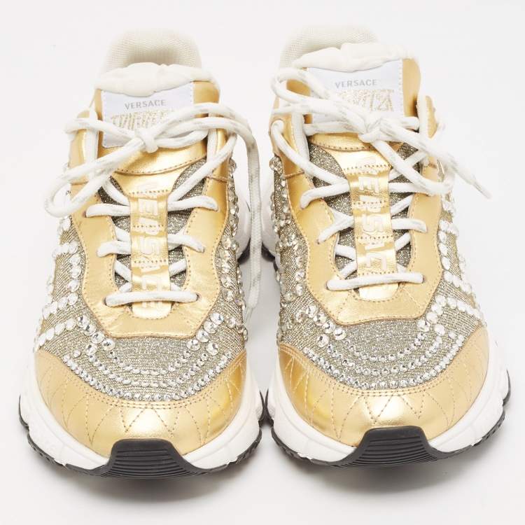 Pre Owned Versace Gold/Silver Leather and Lurex Fabric Trigreca Sneakers Size 38