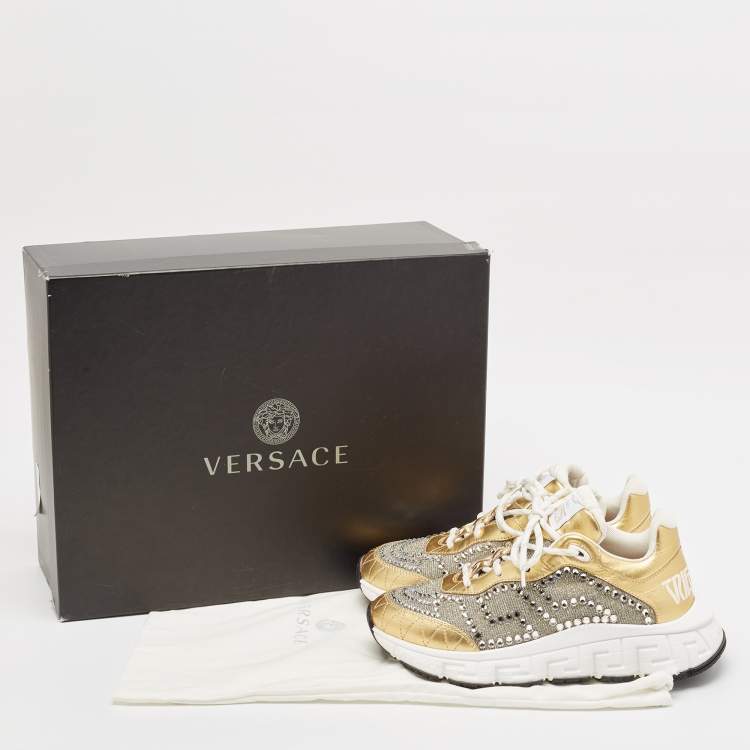 Pre Owned Versace Gold/Silver Leather and Lurex Fabric Trigreca Sneakers Size 38
