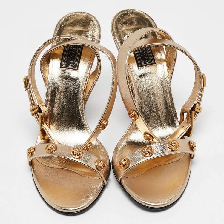 Pre Owned Versace Gold Leather Medusa Studded Ankle Strap Sandals Size 38