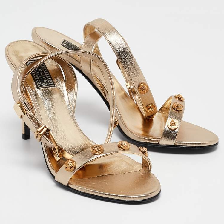Pre Owned Versace Gold Leather Medusa Studded Ankle Strap Sandals Size 38