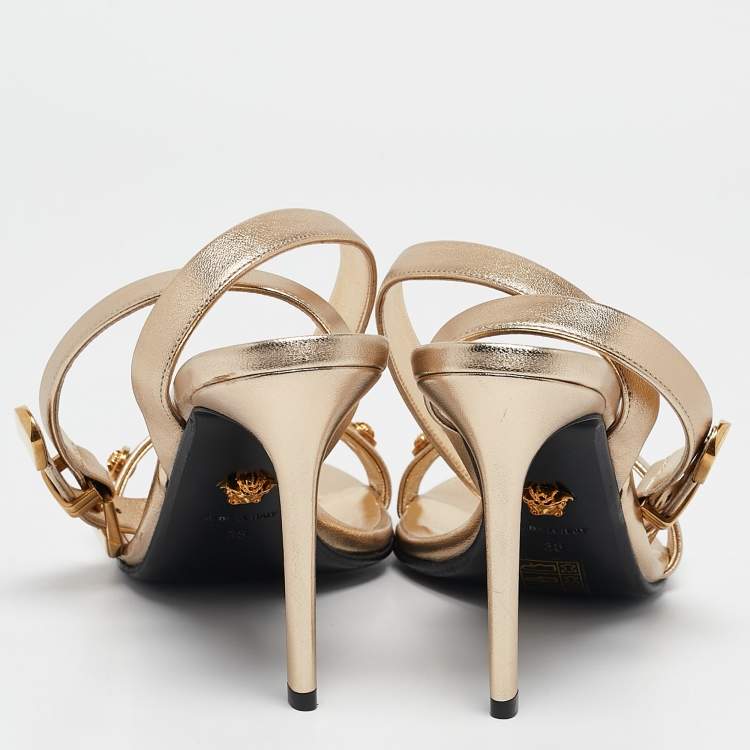 Pre Owned Versace Gold Leather Medusa Studded Ankle Strap Sandals Size 38