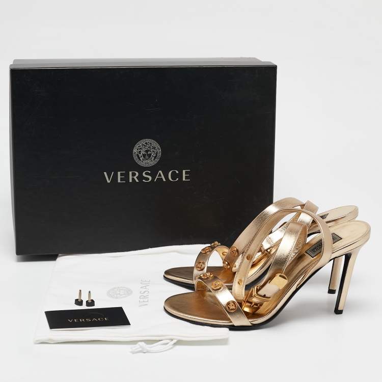 Pre Owned Versace Gold Leather Medusa Studded Ankle Strap Sandals Size 38