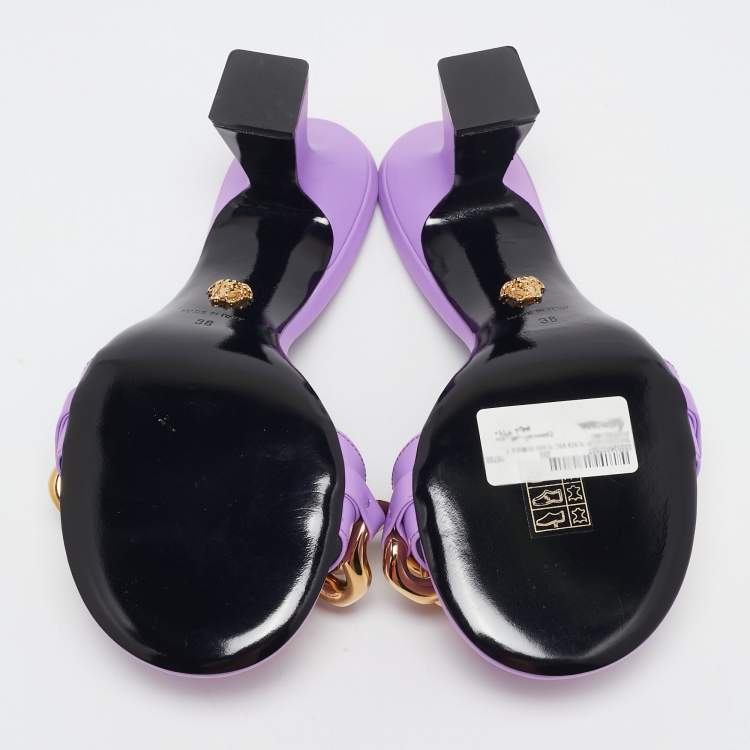 Pre Owned Versace Purple Leather Medusa Chain Slide Sandals Size 38