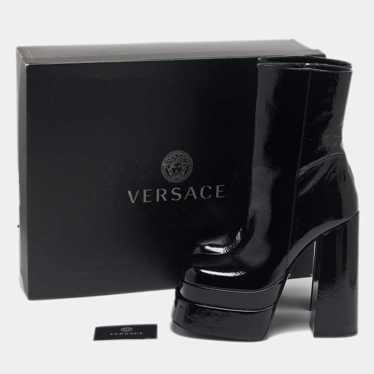 Pre Owned Versace Black Patent Leather Aevitas Double Platform Boots Size 40
