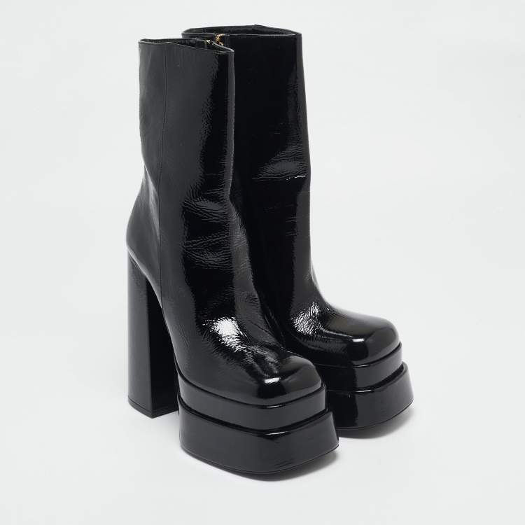 Pre Owned Versace Black Patent Leather Aevitas Double Platform Boots Size 40