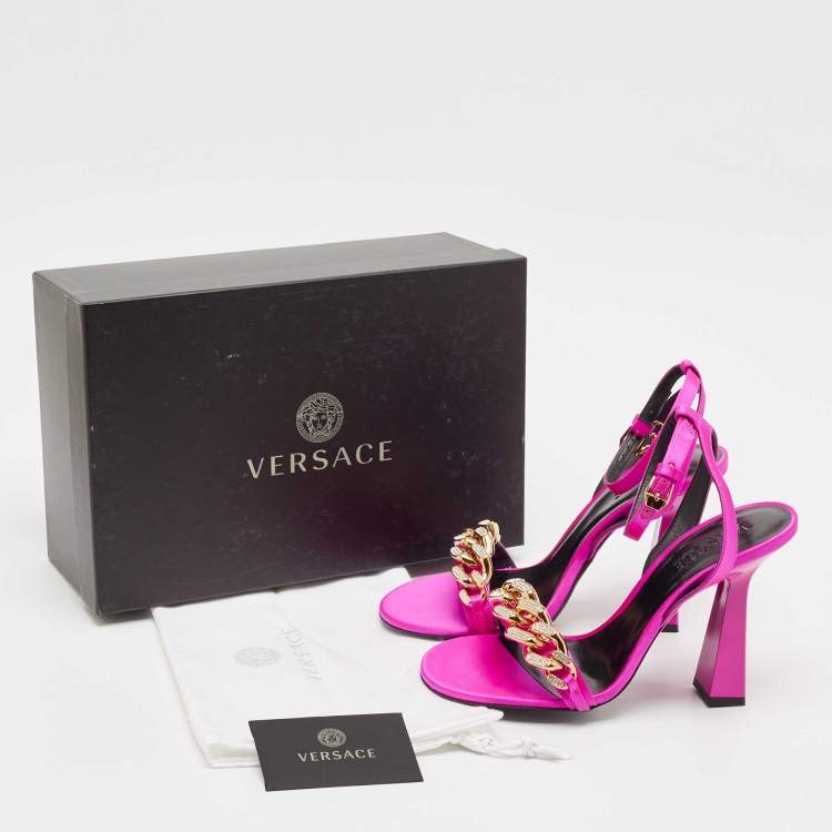 Pre Owned Versace Pink Satin Medusa Chain Ankle Strap Sandals Size 40