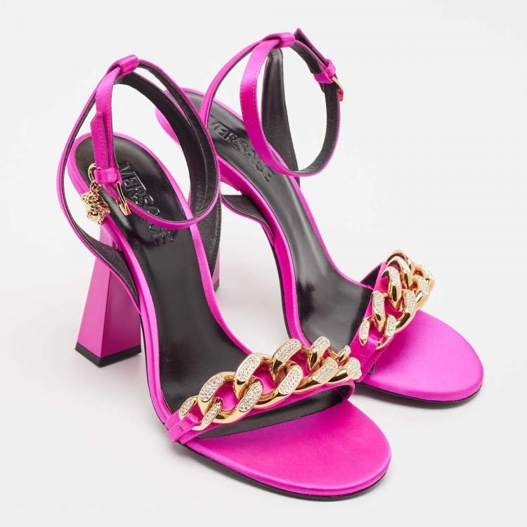 Pre Owned Versace Pink Satin Medusa Chain Ankle Strap Sandals Size 40