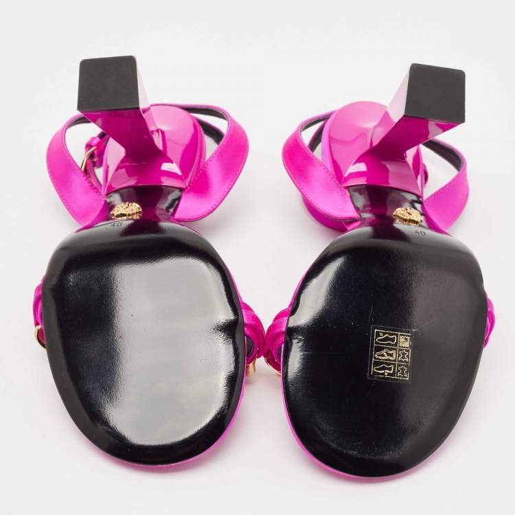 Pre Owned Versace Pink Satin Medusa Chain Ankle Strap Sandals Size 40