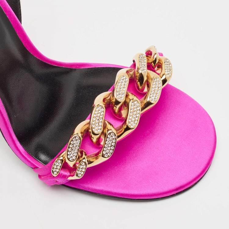 Pre Owned Versace Pink Satin Medusa Chain Ankle Strap Sandals Size 40