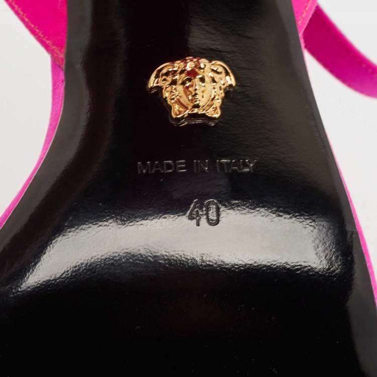 Pre Owned Versace Pink Satin Medusa Chain Ankle Strap Sandals Size 40