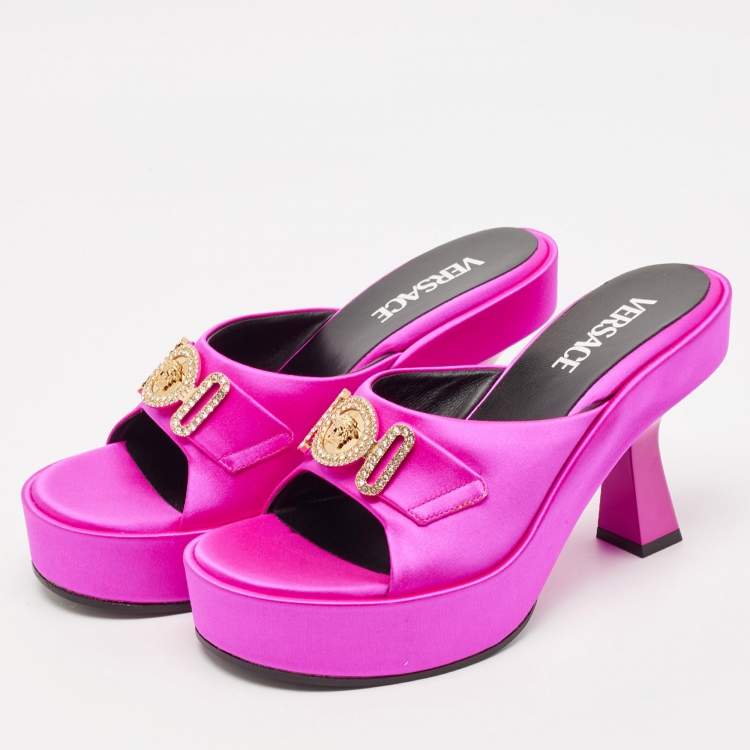 Pre Owned Versace Fuchsia Satin Medusa Biggie Mules Size 38