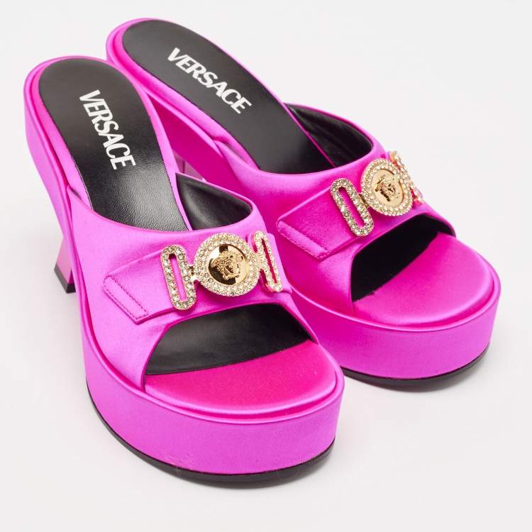 Pre Owned Versace Fuchsia Satin Medusa Biggie Mules Size 38