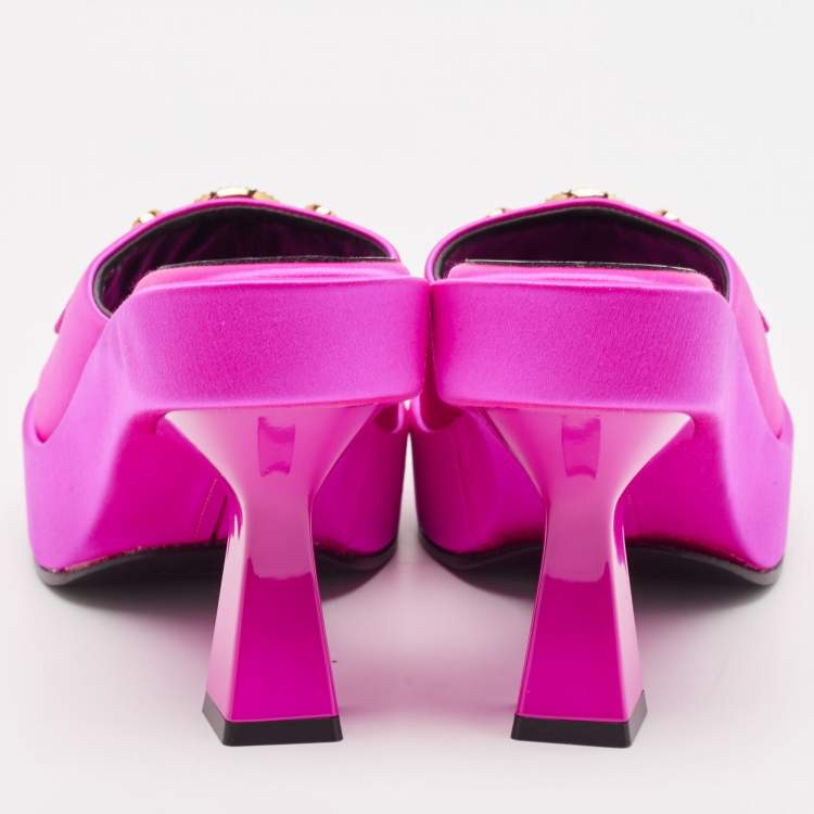 Pre Owned Versace Fuchsia Satin Medusa Biggie Mules Size 38