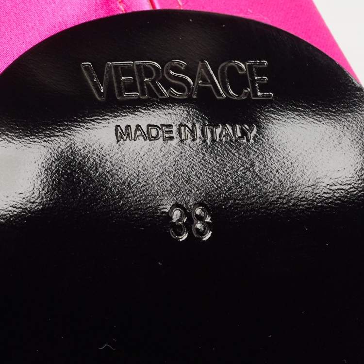 Pre Owned Versace Fuchsia Satin Medusa Biggie Mules Size 38