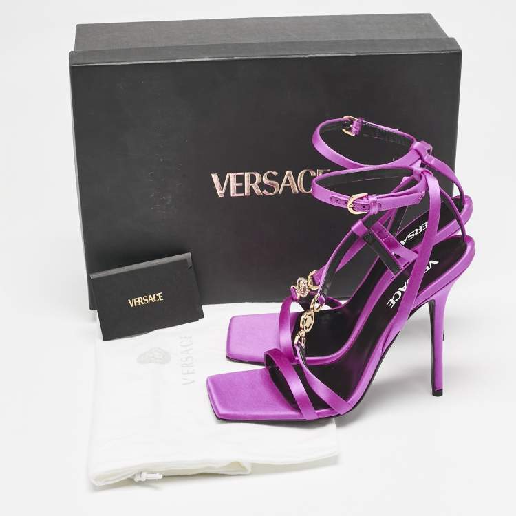 Pre Owned Versace Pink Satin Crystal Embellished Ankle Strap Sandals Size 39