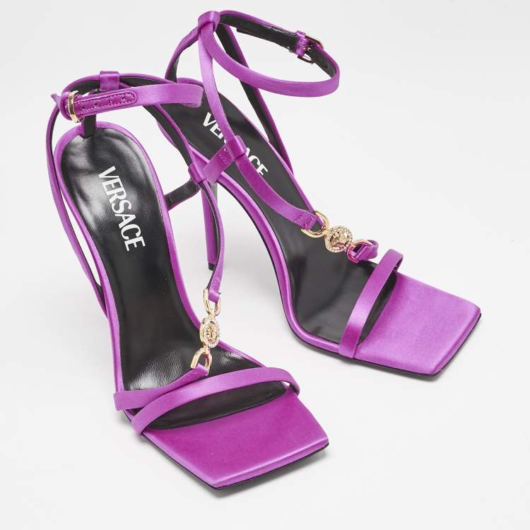 Pre Owned Versace Pink Satin Crystal Embellished Ankle Strap Sandals Size 39