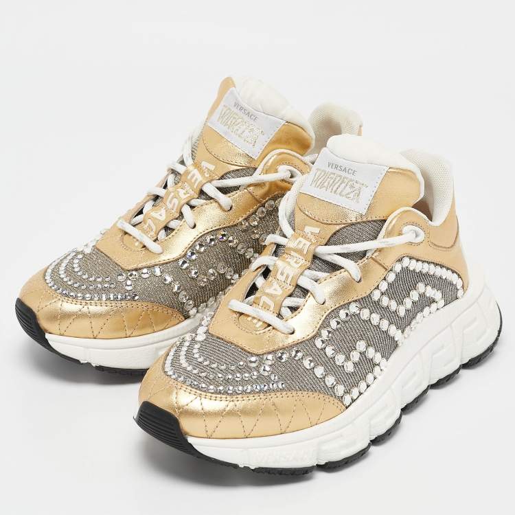 Pre Owned Versace Gold/Silver Leather and Lurex Fabric Trigreca Sneakers Size 36