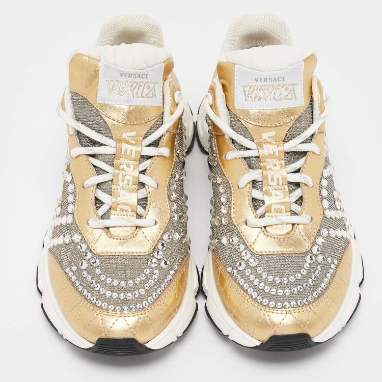 Pre Owned Versace Gold/Silver Leather and Lurex Fabric Trigreca Sneakers Size 36