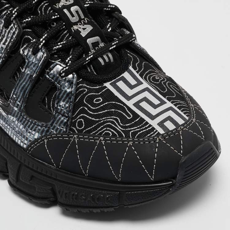Pre Owned Versace Black Leather and Canvas Trigreca Sneakers Size 35