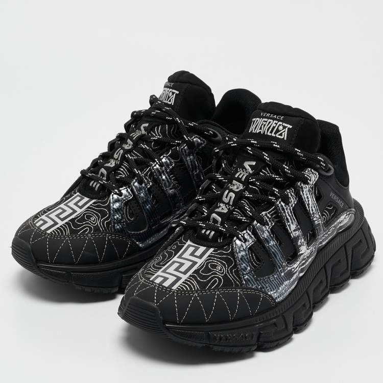 Pre Owned Versace Black Leather and Canvas Trigreca Sneakers Size 35