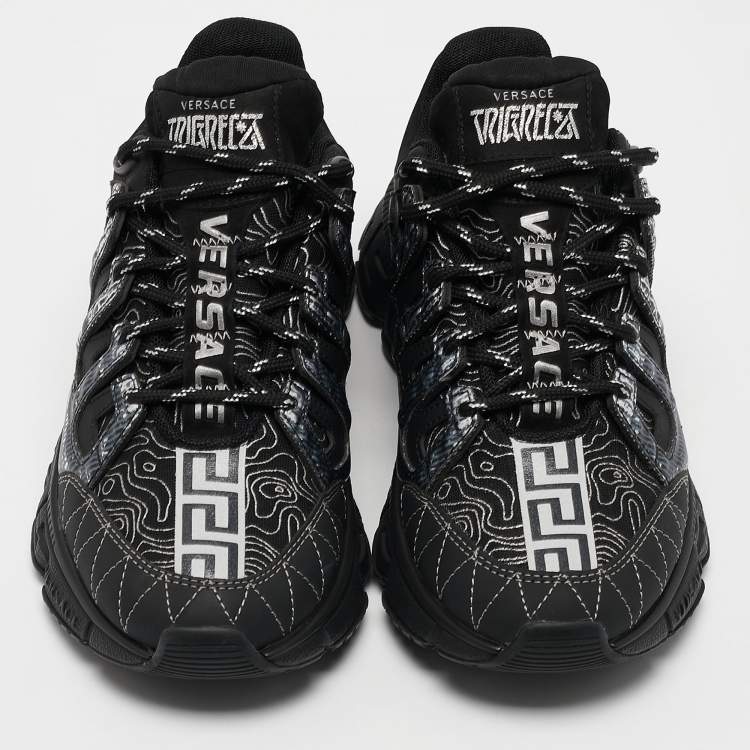 Pre Owned Versace Black Leather and Canvas Trigreca Sneakers Size 35