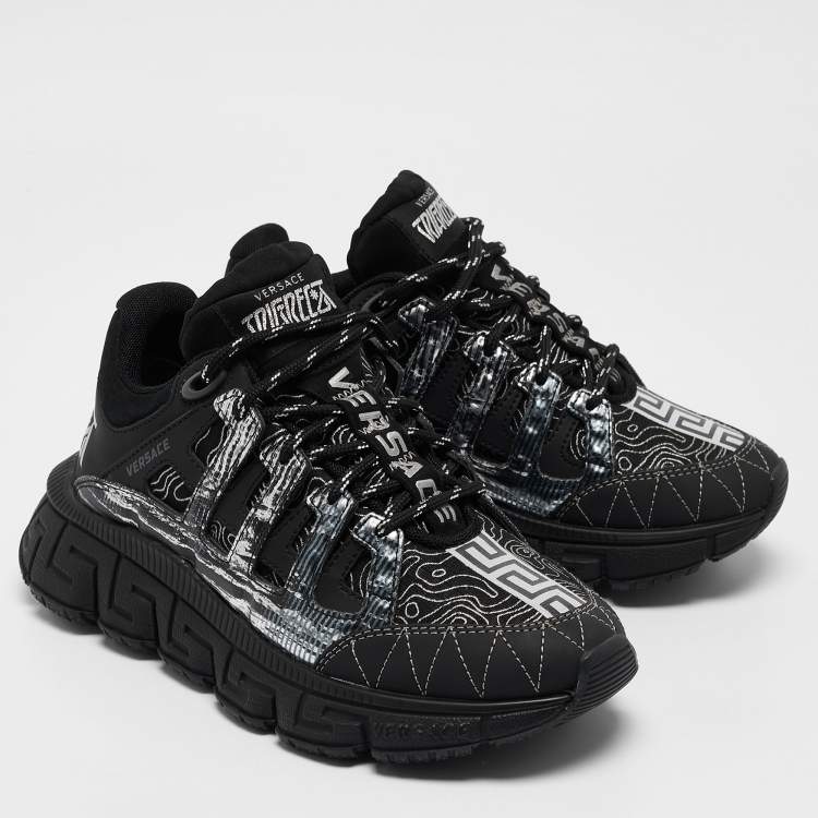 Pre Owned Versace Black Leather and Canvas Trigreca Sneakers Size 35